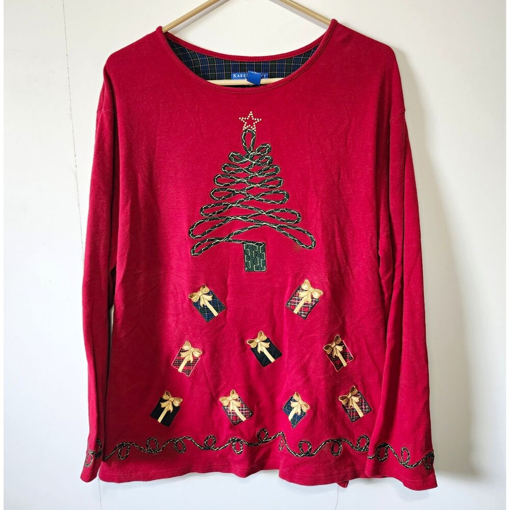 VTG Karen Scott Sport Christmas Shirt 1X Red Tree Gift Box Plaid Embroidered Top